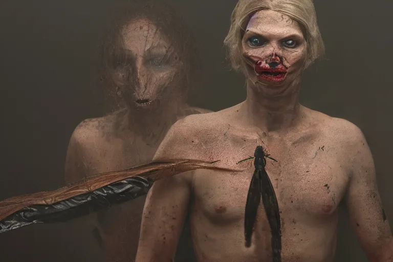 Image similar to a cinematic portrait of mutant insect serial killer dressed in human skin, in a backroom, fog storm, annie leibovitz and zack snyder, 8 k, hd, high resolution, 8 5 mm, f / 1. 8