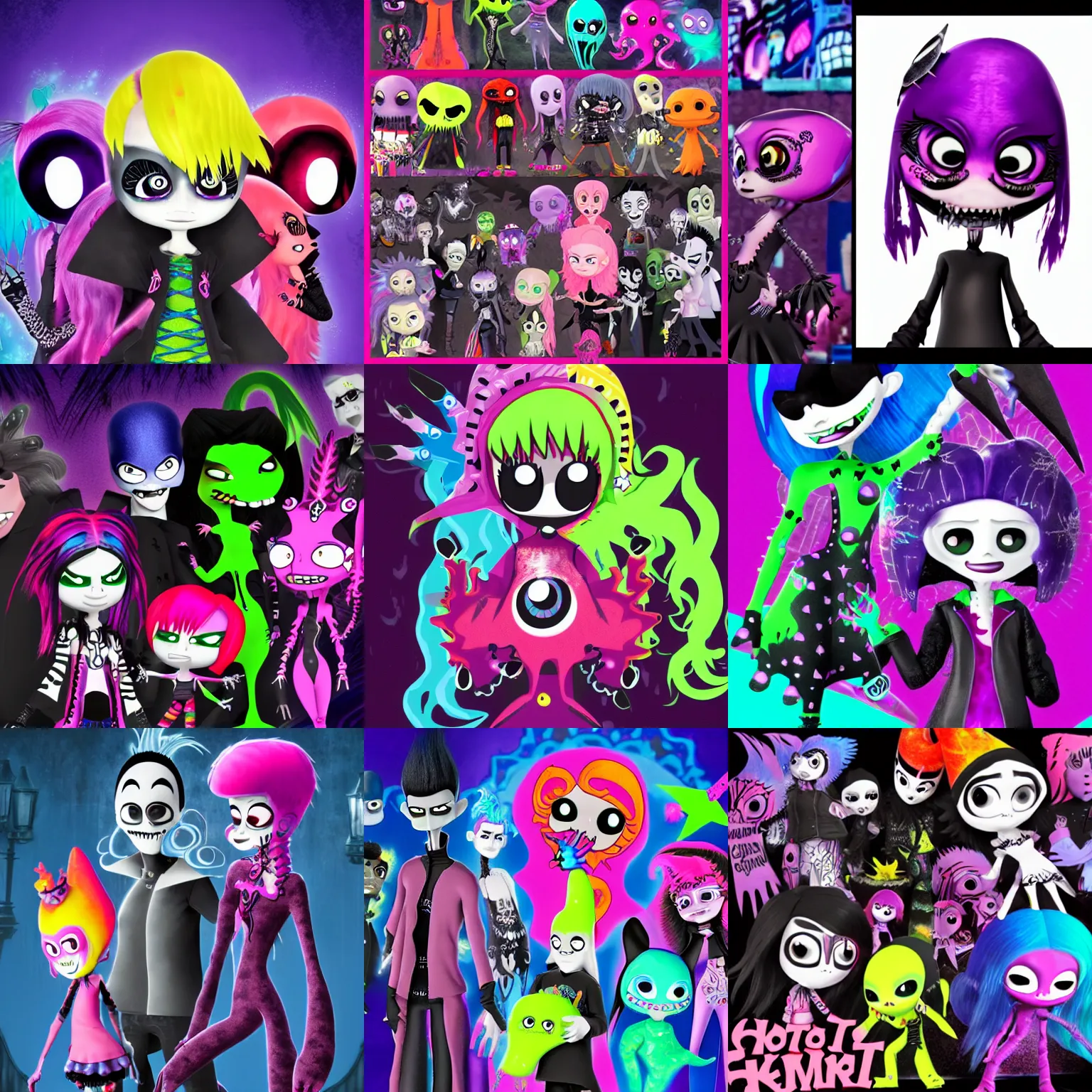 Prompt: CGI hot topic store lisa frank gothic emo punk vampiric rockstar vampire squid with transparent skin conceptual character designs of various shapes and sizes by genndy tartakovsky and splatoon by nintendo for the new hotel transylvania film starring a vampire squid kraken monster rockstar