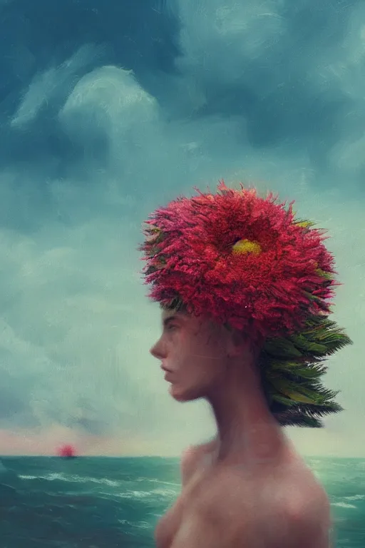 Image similar to closeup, giant flower head, a girl on beach, surreal photography, wind and cold, dramatic sky, impressionist painting, digital painting, artstation, simon stalenhag