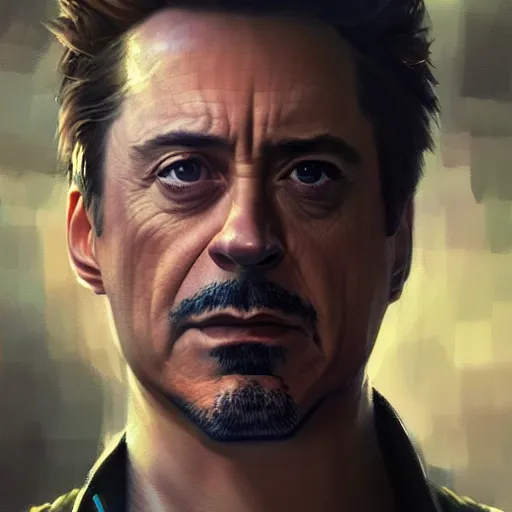 Image similar to hyper realistic portrait painting, beautifully rendered, robert downey jr. as luigi painted by greg rutkowski, wlop, artgerm, dishonored 2