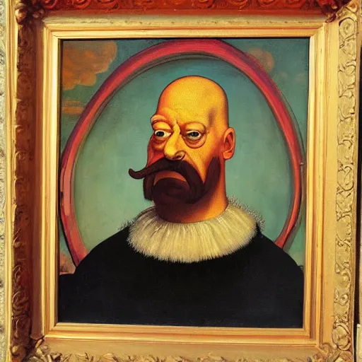 Prompt: vividly colorful oil painting portrait of Homer Simpson wearing aristocratic dress in the style of Cranach the Younger