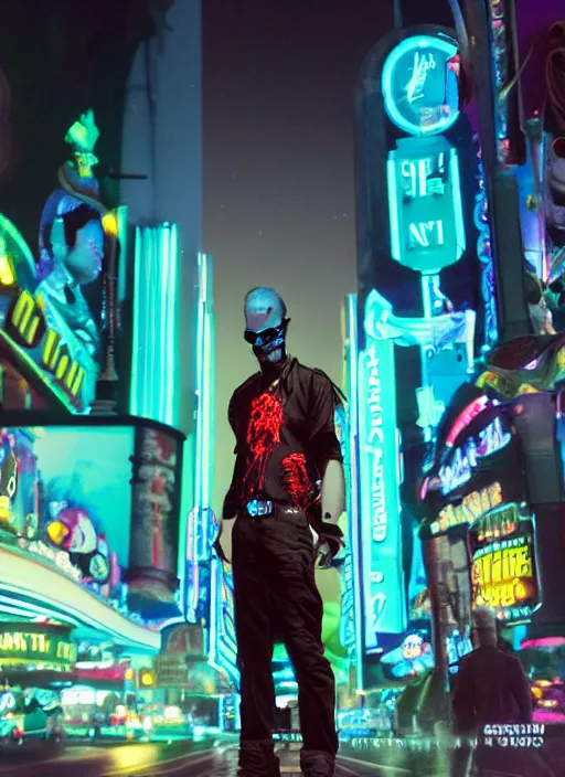 Image similar to 35mm kodak portra photograph of a shadowrun vampire on the Las Vegas strip at night by tomer hanuka and tom bagshaw, handsome face, blood, urban fantasy, hyper realism, high detail, octane render, 8k, trending on artstation, CGsociety, concept art