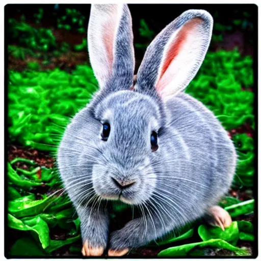 Prompt: a cute gray rabbit eating lettuce