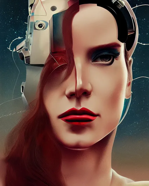 Prompt: portrait of Lana Del Rey as a cyborg. intricate abstract. intricate artwork. by Tooth Wu, wlop, beeple, dan mumford. mulholland drive by david lynch, dune by david lynch, octane render, trending on artstation, greg rutkowski, charlie bowater. very coherent symmetrical artwork. cinematic, hyper realism, high detail, octane render, 8k, iridescent accents