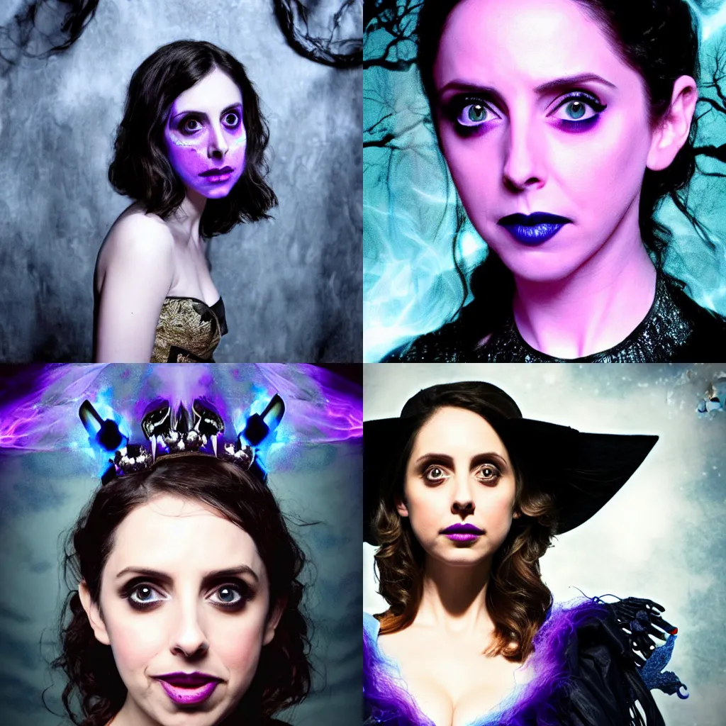 Prompt: Beautiful Alison Brie as a witch, in spooky and dark with den, lit by purple and blue flames, Symmetrical face, symmetrical eyes