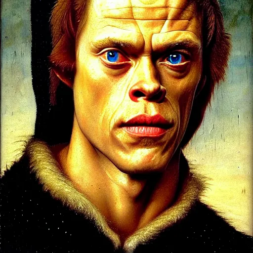 Image similar to portrait of the son of chris hemsworth willem dafoe steve buscemi, oil painting by jan van eyck, northern renaissance art, oil on canvas, wet - on - wet technique, realistic, expressive emotions, intricate textures, illusionistic detail