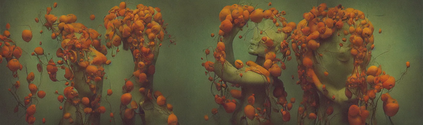 Image similar to She Eats of the Strangling Fruit and Her polyp blossoms bring iridescent fungal flowers whose spores black the foolish stars Edward Hopper and James Gilleard, Zdzislaw Beksinski, Mark Ryden, Wolfgang Lettl highly detailed