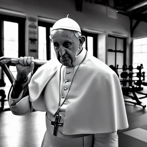 Image similar to a very muscular Pope Francis is flexing in a gym, photorealistic,