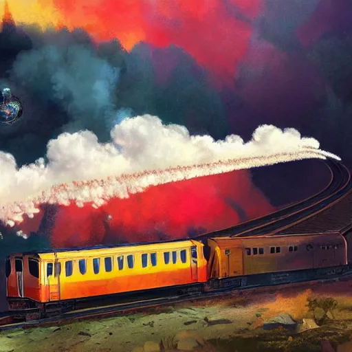 Image similar to train billowing smoke as it goes over a mountain, concept art, illustrated, highly detailed, high quality, bright colors, optimistic,