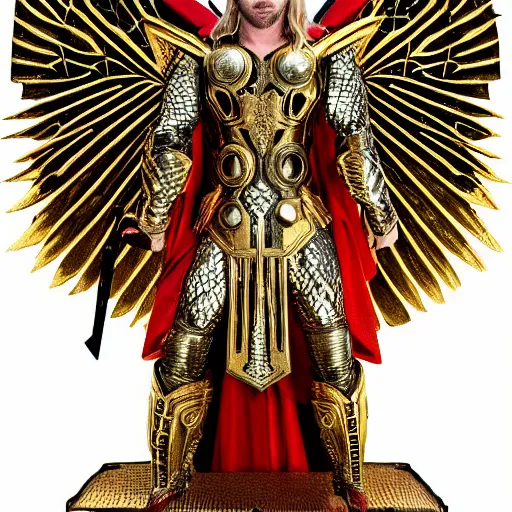 Image similar to Thor in Gold and Red Ornate Armor with Gold Wings, Lightening around the hands and eyes, levitating above the ground, highly detailed, intricate armor, symmetry
