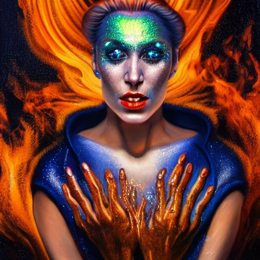 Prompt: realistic extremely detailed photo style portrait painting of a witch dancing in the shine of a huge fire. the face of a demon is half transparent visible right over the fire. retro futuristic ,water, by Stanisław Szukalski , rich moody colors,diamond dust glitter and sparkles, holographic krypton ion, blue eyes, octane render, 4k, f32
