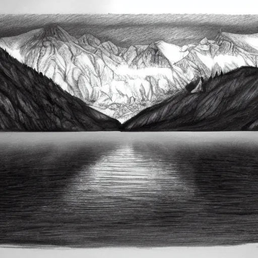 Image similar to lago di sorapis, hyper - realistic black and white drawing, hyper detailed, extreme long shot, in the style of den yakovelv