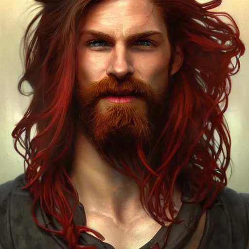 Image similar to portrait of a young ruggedly handsome but joyful pirate, male, masculine, upper body, red crimson hair, long flowing hair, fantasy, wide smirk, intricate, elegant, highly detailed, digital painting, artstation, concept art, matte, sharp focus, illustration, art by artgerm and greg rutkowski and alphonse mucha