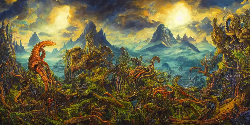 Image similar to fantasy oil painting, great leviathan, cybernetic turtle cephalopod terrapin reptilian pachyderm squid, bella hadid, hybrid, milla jovovich, anubis, epic natural light, lush plants flowers, spectacular mountains, bright clouds, luminous sky, outer worlds, golden hour, michael cheval, edward hopper, michael whelan, vray, hd