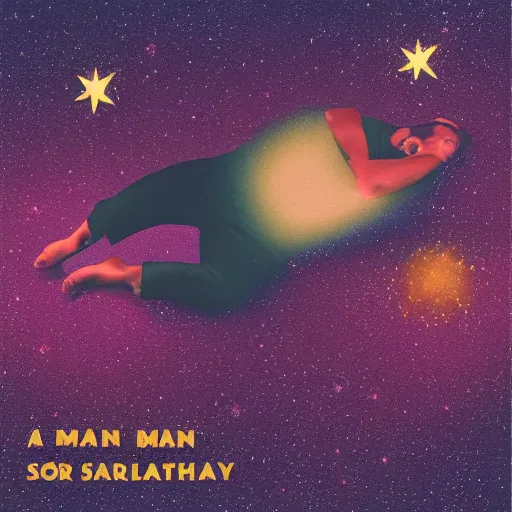 Image similar to a man laying on a star in space, sad, melancholy, album art,