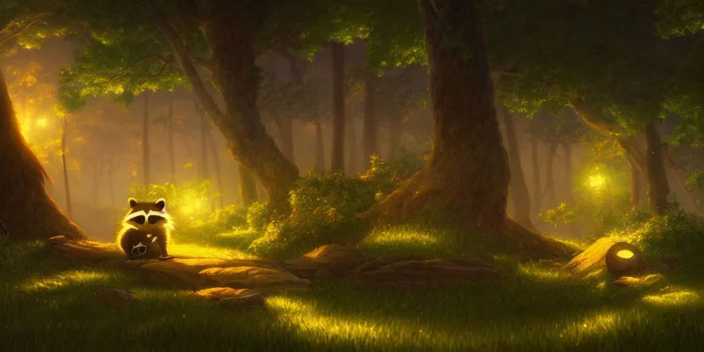 Image similar to raccoon, nature unique attractive, beautifully lit, by studio ghibli and albert bierstadt, 8 k volumetric lights unreal engine trending on art station