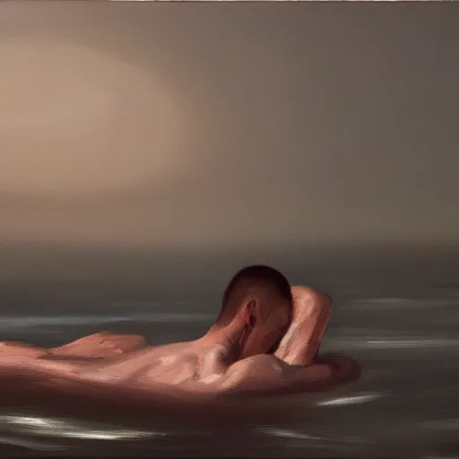 Image similar to man floating in the dark, oil painting, pale colors, high detail, 8 k, wide angle, trending on artstation,