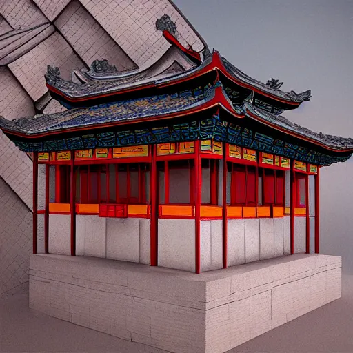 Image similar to ancient chinese architecture house shaped like a rubix cube by bugs zhou, concept art, artstation, octane render, fine detail