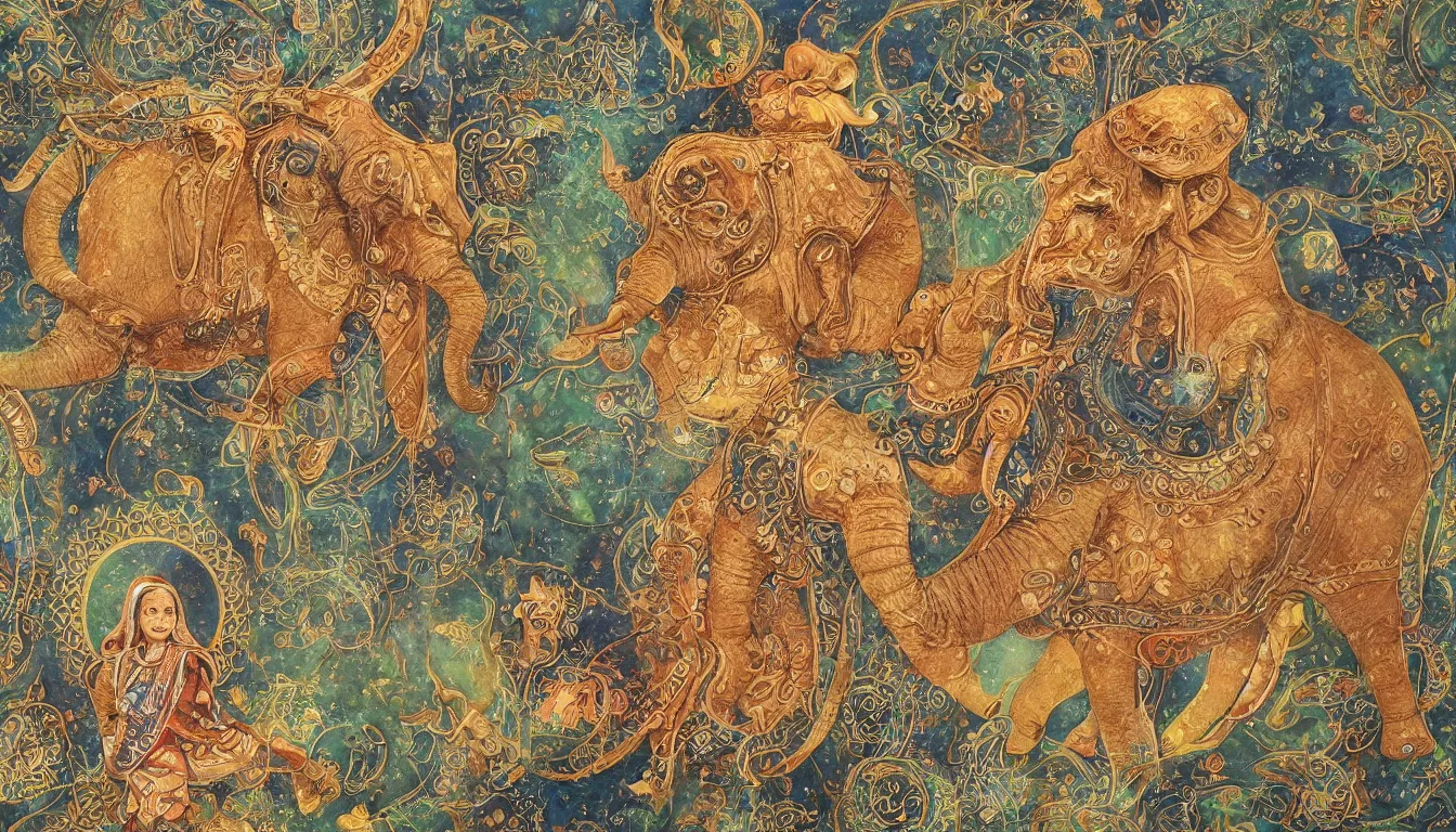 Prompt: realistic detailed photo rendered in octane 3d , A Composite Elephant - Delhi School, human, sufi saint, or celestial rider guiding the magic. animal. such composite animal figures revealing a kaleidoscope of reptiles, mammals, birds, and amphibians could represent the internal unity of all beings through the successive, Indian Miniature Art Painting, late 80's, by Amano, Francis Bacon, Elizabeth Erickson, Kenny Schar, Robert Colescott painting, art by Joey Terrill, smooth shading, ultra detailed, high resolution, acrylic, collage, masterpiece, rendered in blender, deep colours, ultra realistic, cinematic, unreal 6