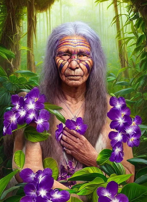 Prompt: a beautiful portrait of a benevolent and noble indigenous old woman healer with white long hair in the amazon jungle surrounded by purple flowers of brunfelsia grandiflora, purple face paintings, matte painting, by christophe vacher