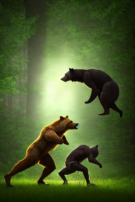 Image similar to a beautiful fullbody portrait of a bear and a wolf playing capoeira in a forest, at night. volumetric light, detailed, photorealistic, fantasy, rendered in octane