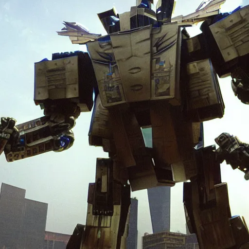 Image similar to the twin towers transformed into giant robots with arms and legs