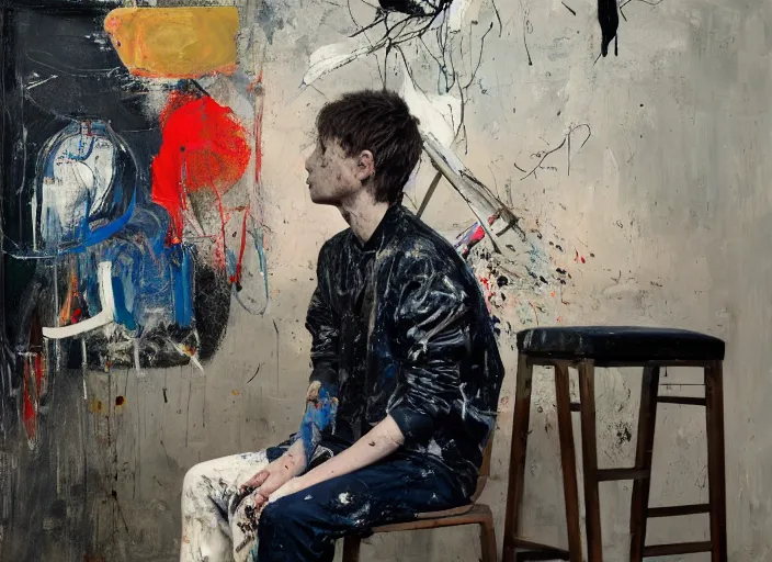 Prompt: portrait of a young painter with creative block sitting on a stool painted by vincent lefevre and hernan bas and pat steir and andreas gursky and hilma af klint and danny fox, psychological, photorealistic, symmetrical face, dripping paint, washy brush, rendered in octane, altermodern, masterpiece