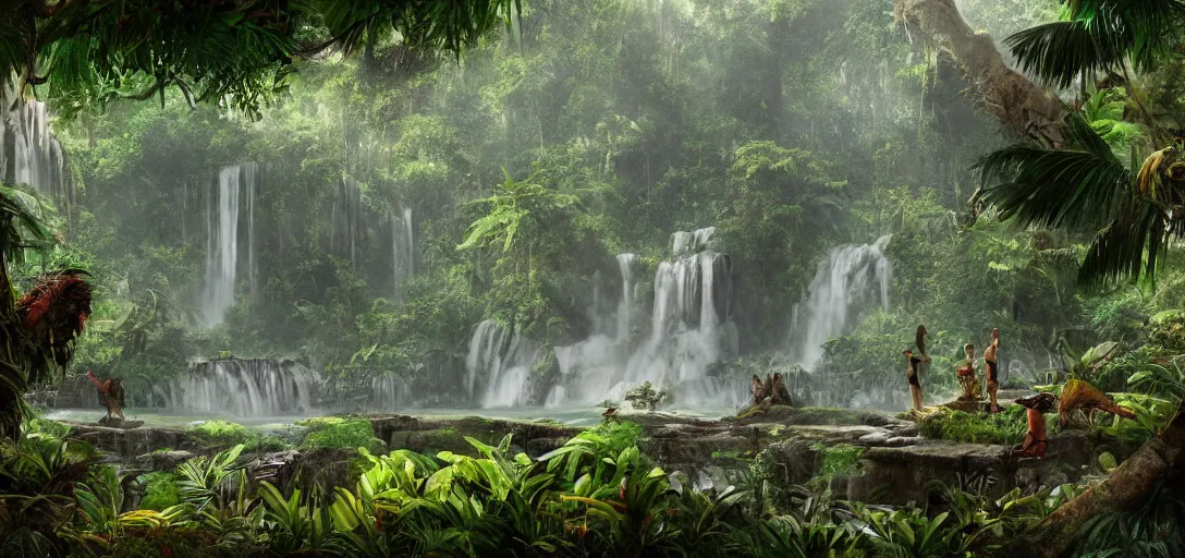 Prompt: aztec ruins of el dorado in the exotic tropical jungle, waterfalls and lush vegetation, small river stream in the background, humingbirds and butterflys, concept art, matte painting, 4k , clean post process, film still, style by raphael lacoste, eddie mendoza, alex ross