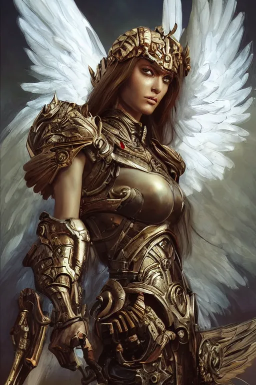 Image similar to a professional painting of a beautiful archangel woman, warhammer style , olive skin, long dark hair, beautiful bone structure, symmetrical facial features, intricate, elegant, digital painting, concept art, smooth, sharp focus, illustration, from Metal Gear, by Ruan Jia and Mandy Jurgens and Artgerm and William-Adolphe Bouguerea