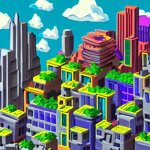 Prompt: futuristic city on a mountainside, colorful city, q - bert blocks, colorful blocks on hillside, 3 d blocks, cel - shading, cel - shaded, 2 0 0 1 anime, bright sunshine