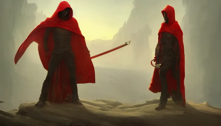 Prompt: no face warrior holding twin swords, levitating sand, full body worn out damaged cape, red hoodie, worn out clothes, by caspar david friedrich by james gilleard and justin gerard, artstation, smooth, sharp focus, by jean baptiste, octane render