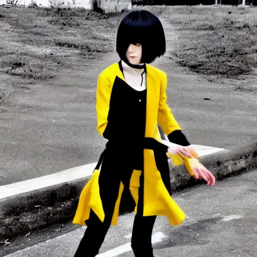 Image similar to 1 7 - year - old pale - skinned anime girl with black long bob cut, long bangs, black gothic jacket, black jeans, running through italian town, yellow sunshine, sepia sun, strong lighting, strong shadows, vivid hues, ultra - realistic, sharp details, subsurface scattering, intricate details, hd anime, 2 0 1 9 anime