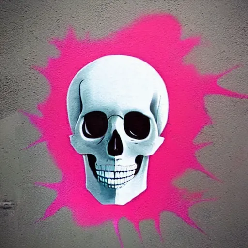 Image similar to a skull spray painted on a wall with dripping pink spray paint, pixel art