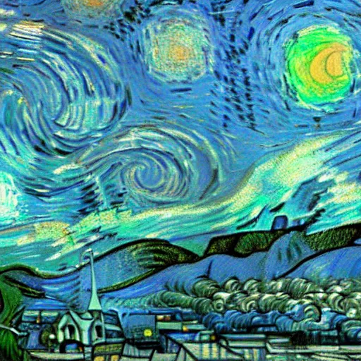 Image similar to vaporwave dreamscape, urban decay, by van gogh