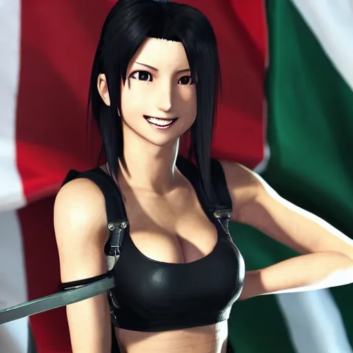 Prompt: Tifa Lockhart from Final Fantasy VII Remake (2020) laughing with the Italian flag in the background, white top