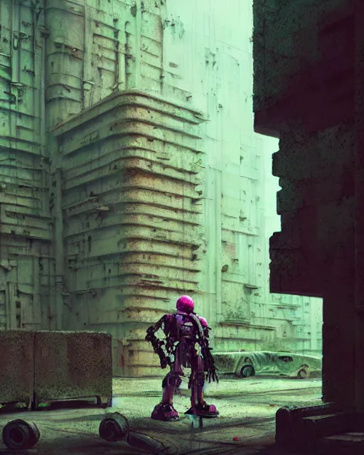 Image similar to hyperrealistic 3d render highly detailed exoskeleton baroque mecha iridescent pink brutalist city ruins background concept art octane santiago caruso de chirico sharp very dramatic green light 8k low angle shallow depth of field