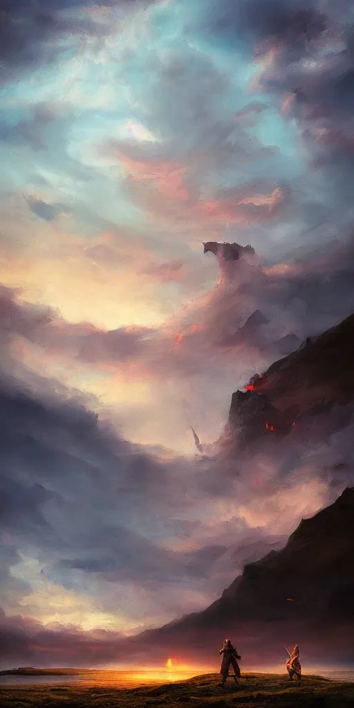 Prompt: “fictional Iceland with an apocalyptic colorful sky and two Vikings about to fight on a cliff, tonalism style, trending on Artstation, 8k, 4k, high-res, digital art”