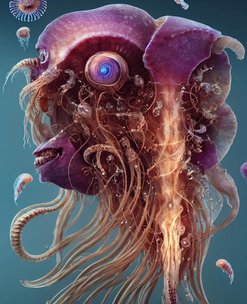 Image similar to goddess close-up portrait ram skull. jellyfish phoenix head, nautilus, orchid, ram skull, betta fish, bioluminiscent creatures, intricate artwork by Tooth Wu and wlop and beeple. octane render, trending on artstation, greg rutkowski very coherent symmetrical artwork. cinematic, hyper realism, high detail, octane render, 8k