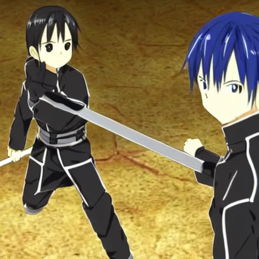 Prompt: Kirito in a sword fight with Trunks, screenshot from Sword Art Online