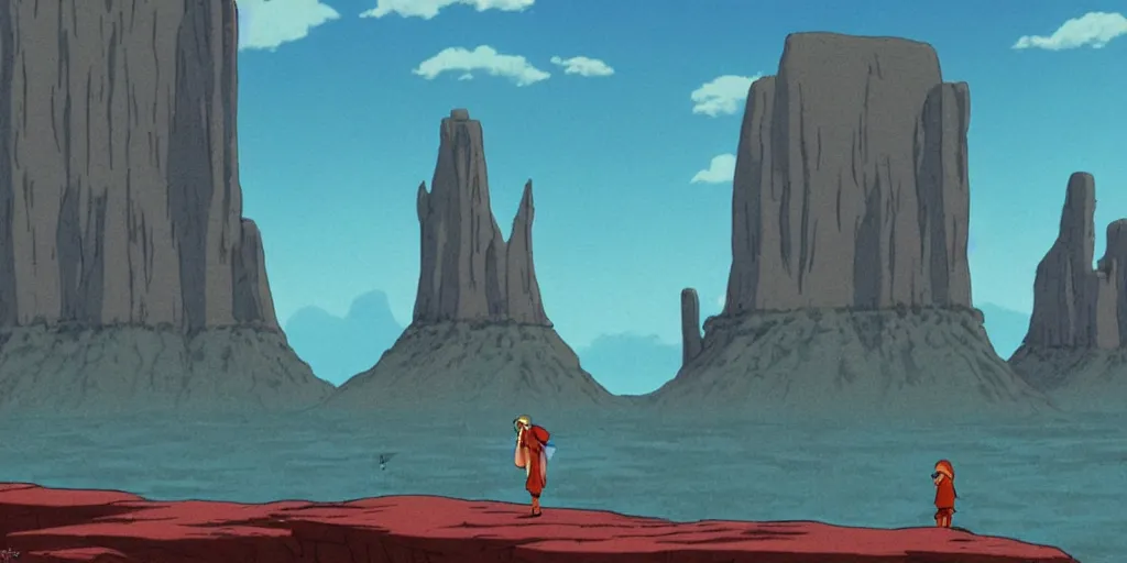 Prompt: a realistic cell - shaded studio ghibli concept art from paprika ( 2 0 0 6 ) of an anthropomorphic dolphin from close encounters of the third kind ( 1 9 7 7 ) in a flooded monument valley stonehenge. a monk in a robe is meditating in the foreground. very dull colors, wide shot, hd, 4 k, hq