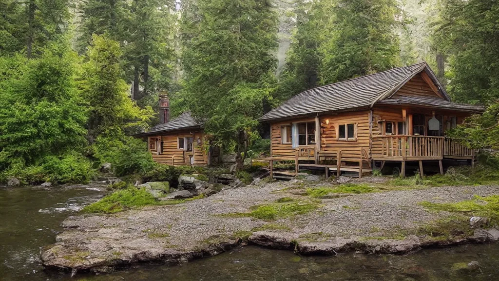 Image similar to small wooden cottage in the forest, chairs the porch, smoke coming out of the chimney, dusk, redwood trees, peaceful, river running past the cottage, a wooden rowing boat, galaxy in the night sky