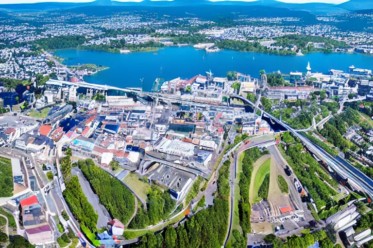 Image similar to bird's eye view photography of a small city. town hall, central farm, monorail station, beach and shipping dock. hills, woods and lake to the north.