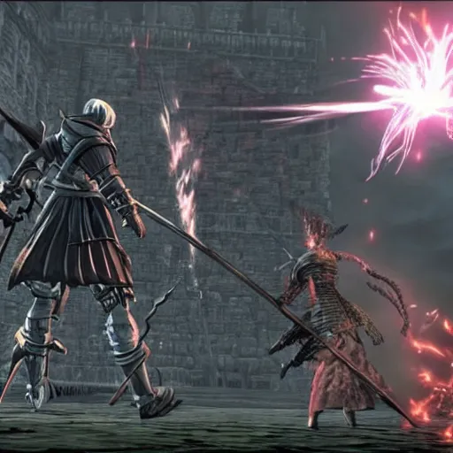 Prompt: gameplay screenshot of the game dark souls as an anime movie, a dark souls final boss battle in anor londo in the style of anime