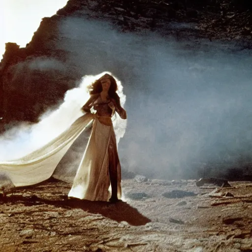 Prompt: 1 9 7 0's artistic western movie, a woman in a giant flowing incredibly long dragging white dress made out of white smoke, standing inside a dark western rocky scenic landscape, volumetric lighting