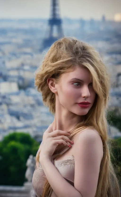 Prompt: portrait of a seducing woman , 3/4 view realistic, detailed, diffuse sunlight, soft lights, bokeh Paris in background