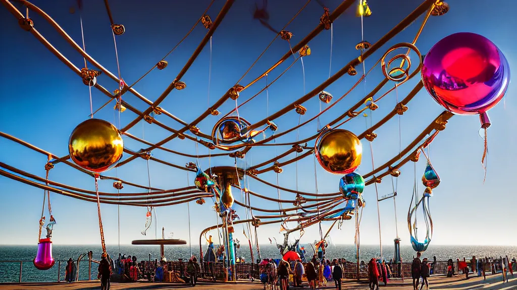 Image similar to large colorful futuristic space age metallic steampunk balloons with pipework and electrical wiring around the outside, and people on rope swings underneath, flying high over the beautiful santa monica pier city landscape, professional photography, 8 0 mm telephoto lens, realistic, detailed, photorealistic, photojournalism