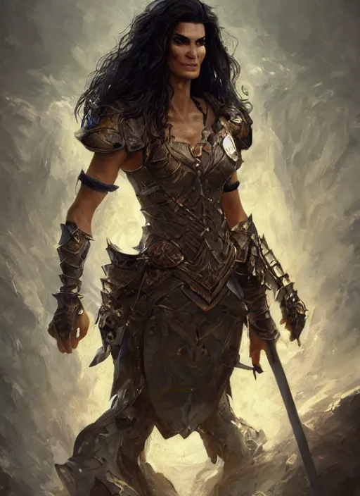 Image similar to portrait of angie harmon as a legendary knight warrior, au naturel, hyper detailed, digital art, trending in artstation, cinematic lighting, studio quality, smooth render, unreal engine 5 rendered, octane rendered, art style by klimt and nixeu and ian sprigger and wlop and krenz cushart.