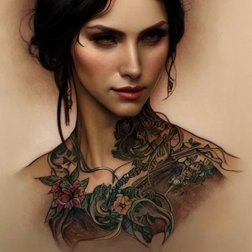 Image similar to ultra realistic illustration, a hot brunette tattooed slavic woman in her late 2 0's, intricate, elegant, highly detailed, digital painting, artstation, concept art, smooth, sharp focus, illustration, art by artgerm and greg rutkowski and alphonse mucha