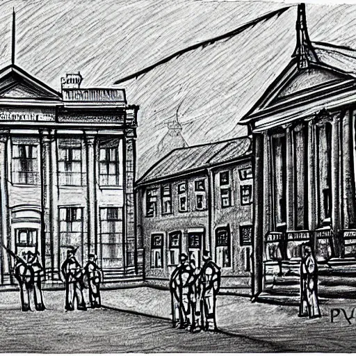 Prompt: the drawing depicts a police station in the lithuanian city of vilnius. in the foreground, a group of policemen are standing in front of the building, while in the background a busy street can be seen. indian by peter sculthorpe dismal