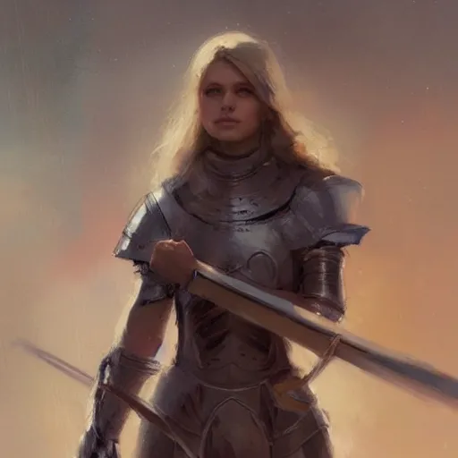 Prompt: portrait of a beautiful young female knight, trending by greg rutkowski